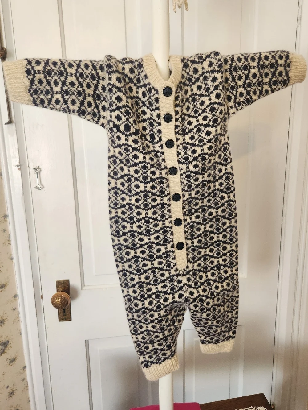100% American Cashmere Cream & Navy Baby Pajamas Onesie with Hat and Mittens